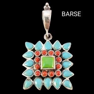 Barse Turquoise & Carnelian Southwestern Sterling Silver Style Pendant